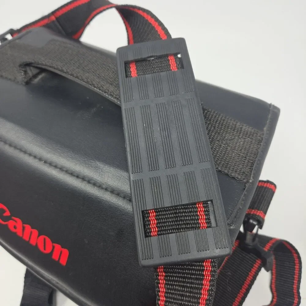 Vintage Official CANON Leather Case Black Red w/ Shoulder Strap 80s Footed